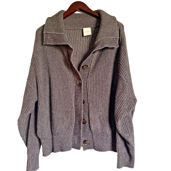 Varley Womens Sz L Ribbed‎ Knit Cardigan Charcoal Grey Button Front Collared - Picture 1 of 12